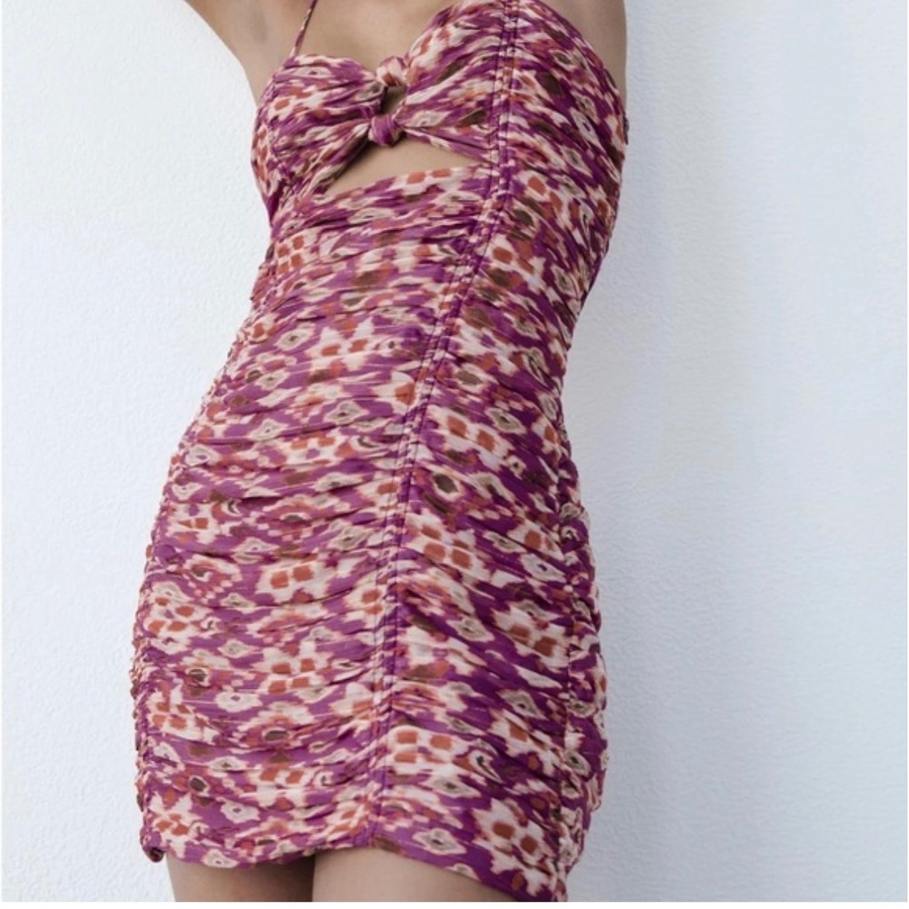 Zara‎ Mini Dress Cut Out Ruched Bodycon Party Cocktail Purple S